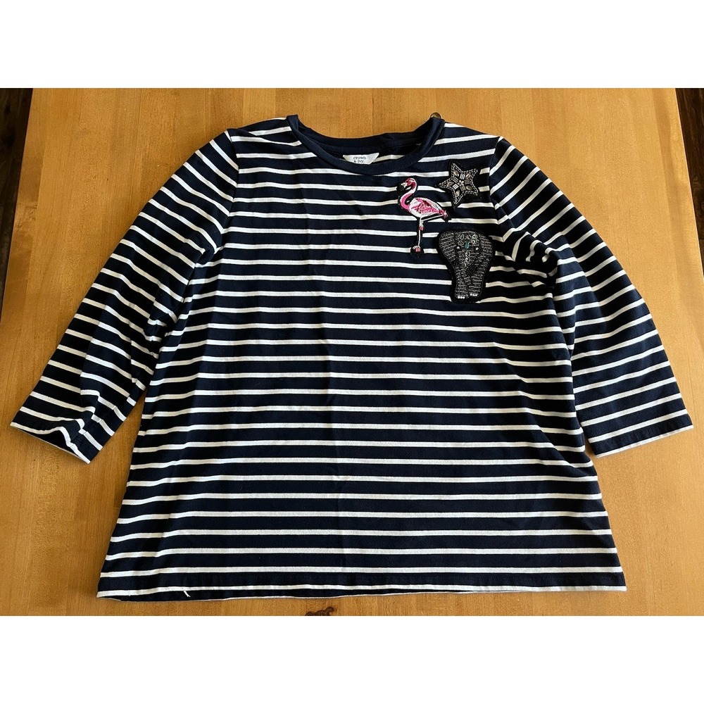 Crown & Ivy Dark‎ Navy Blue Stripe Top Women's Flamingo Elephant Star Sz L Large